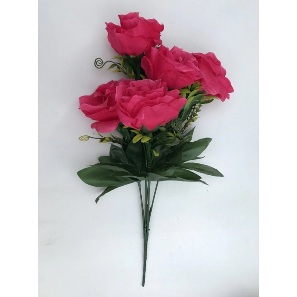 Artificial Flowers Bunch Bouquet Of 5 Roses For Home Decoration (Dark Pink, Material:Silk, Polyester)