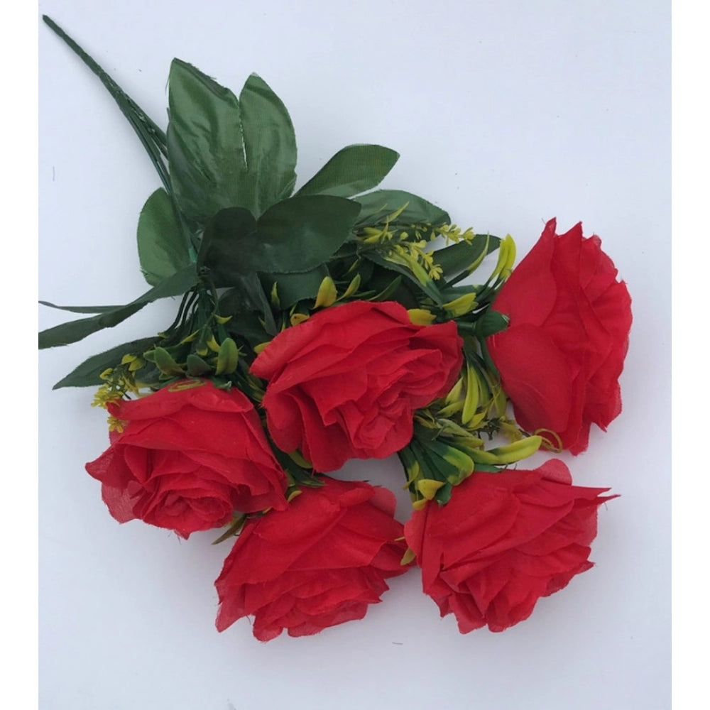 Artificial Flowers Bunch Bouquet Of 5 Roses For Home Decoration (Red, Material:Silk, Polyester)