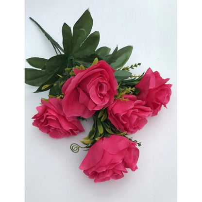 Artificial Flowers Bunch Bouquet Of 5 Roses For Home Decoration (Dark Pink, Material:Silk, Polyester)