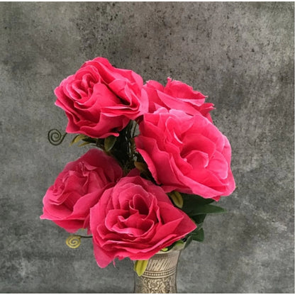 Artificial Flowers Bunch Bouquet Of 5 Roses For Home Decoration (Dark Pink, Material:Silk, Polyester)