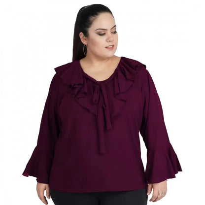 Women's Casual Bell Sleeve Solid Purple Top (Color:Purple, Material:Georgette)