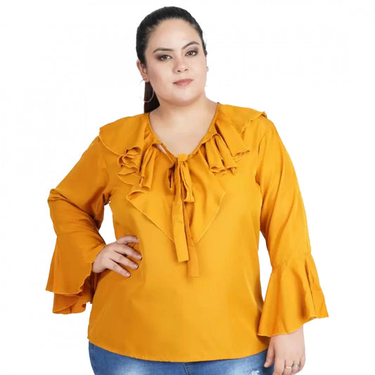 Women's Casual Bell Sleeve Solid Yellow Top (Color:Yellow, Material:Georgette)