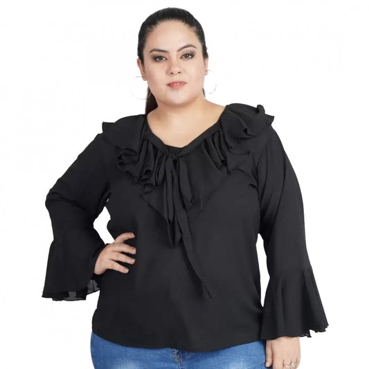 Women's Casual Bell Sleeve Solid Black Top (Color:Black, Material:Georgette)