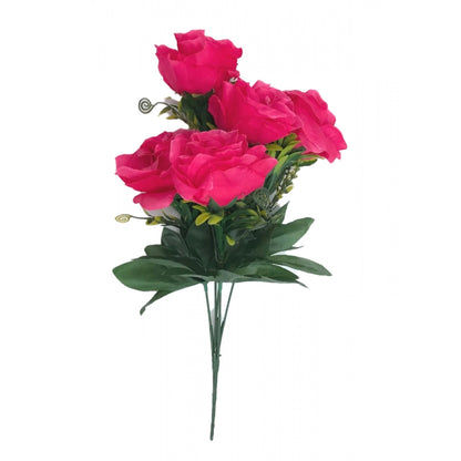 Artificial Flowers Bunch Bouquet Of 5 Roses For Home Decoration (Dark Pink, Material:Silk, Polyester)