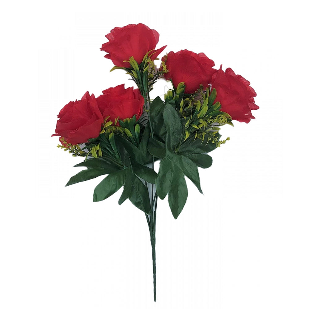 Artificial Flowers Bunch Bouquet Of 5 Roses For Home Decoration (Red, Material:Silk, Polyester)