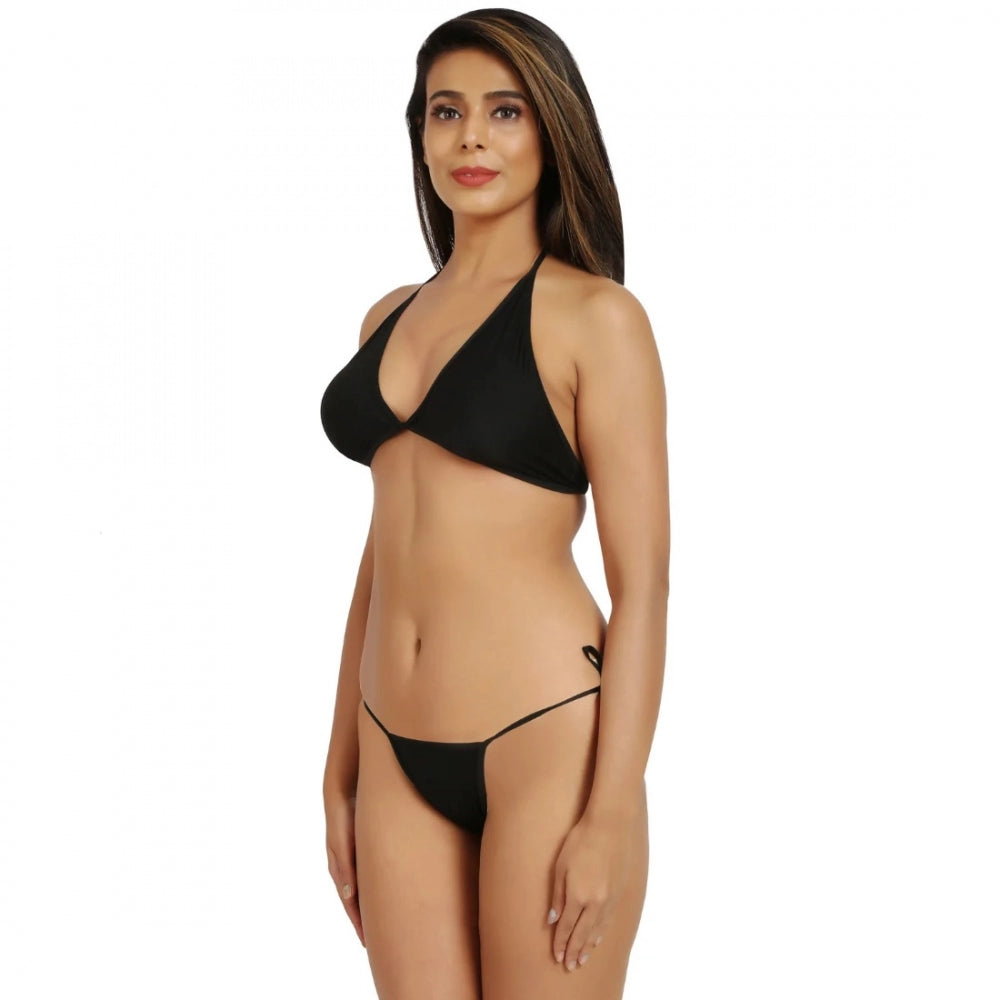 Women's Nylon Spandex Black Bikini Sexy Bra Panty (Black)