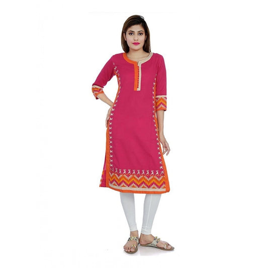 Generic Women's Cotton Embroidered Straight Kurti (Pink, Cotton)