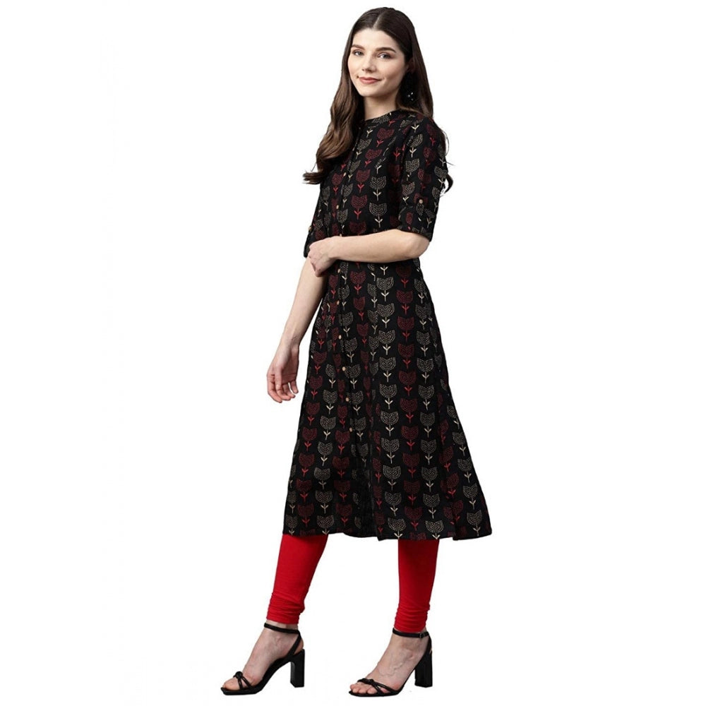 Generic Women's Cotton Printed A Line Kurti (Black, Cotton)