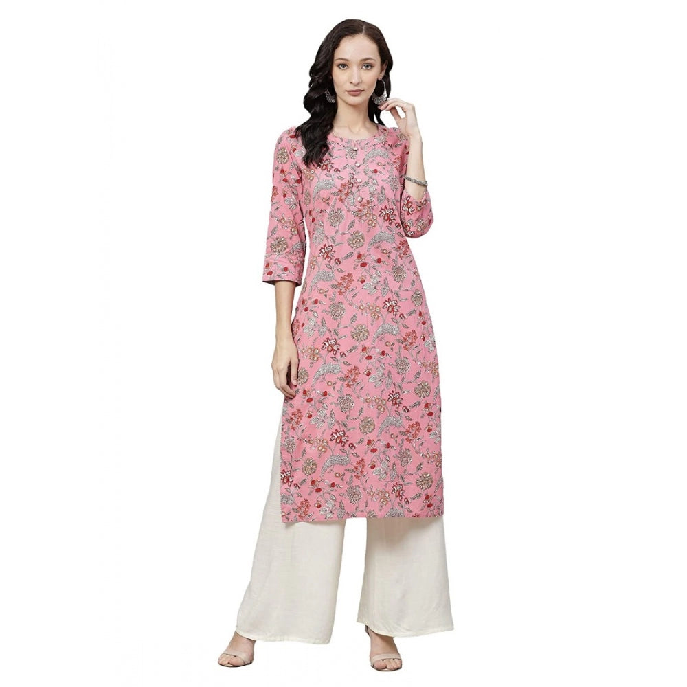 Generic Women's Cotton Printed Straight Kurti (Pink, Cotton)