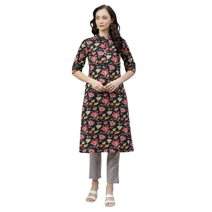 Generic Women's Cotton Printed Straight Kurti (Black, Cotton)