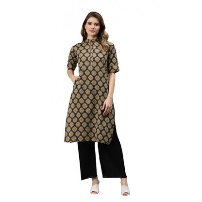 Generic Women's Cotton Printed Straight Fit Kurti (Black, Cotton)