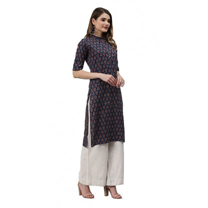 Generic Women's Cotton Printed Straight Kurti (Navy Blue, Cotton)