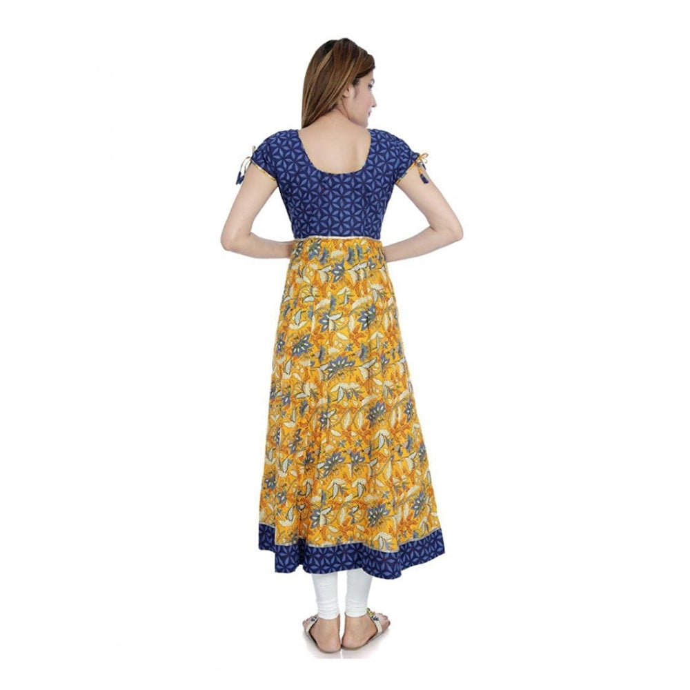 Generic Women's Cotton Printed Long Kurti (Mustard, Blue, Cotton)