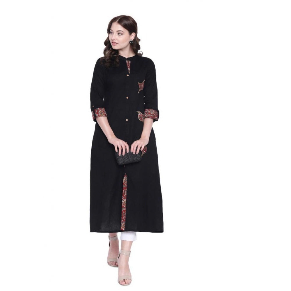 Generic Women's Khadi Printed A Line Kurti  (Black, Khadi)