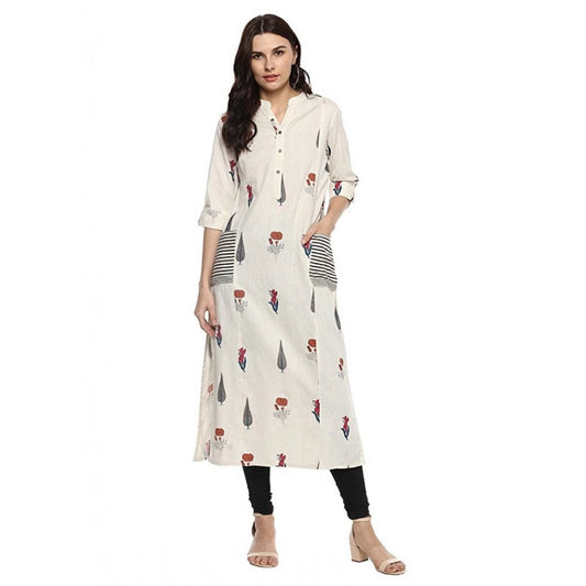 Generic Women's Khadi Printed A Line Kurti (Off White, Khadi)