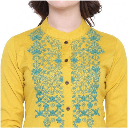 Generic Women's Khadi Embroidered Kurti (Yellow, Khadi)