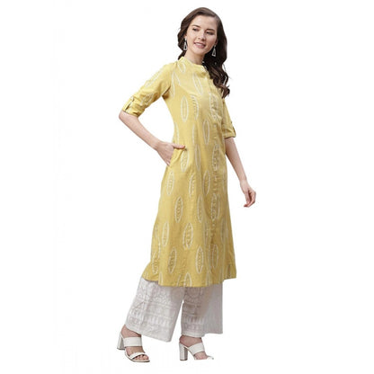 Generic Women's Pure Cotton Printed A Line Kurti (Yellow, Pure Cotton)