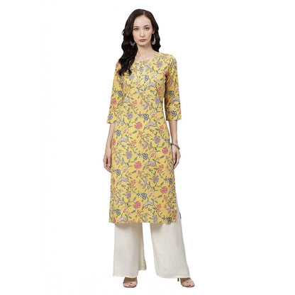 Generic Women's Cotton Printed Straight Kurti (Yellow, Cotton)