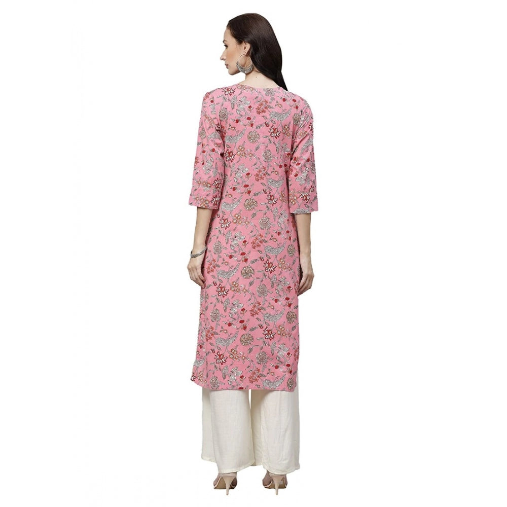 Generic Women's Cotton Printed Straight Kurti (Pink, Cotton)