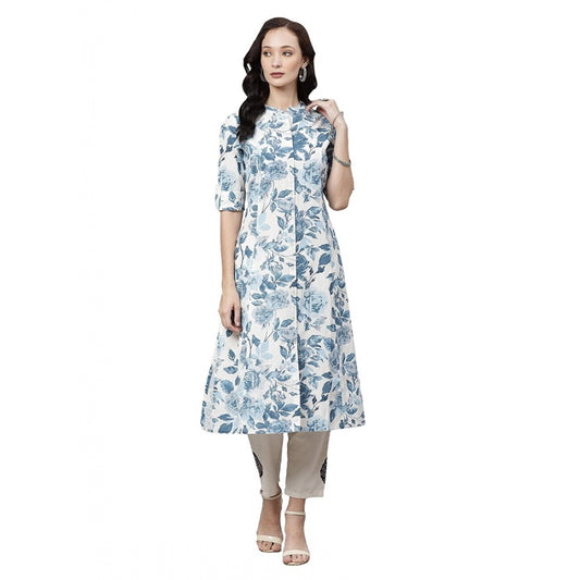 Generic Women's Cotton Printed Floral Print Kurti (White, Blue, Cotton)