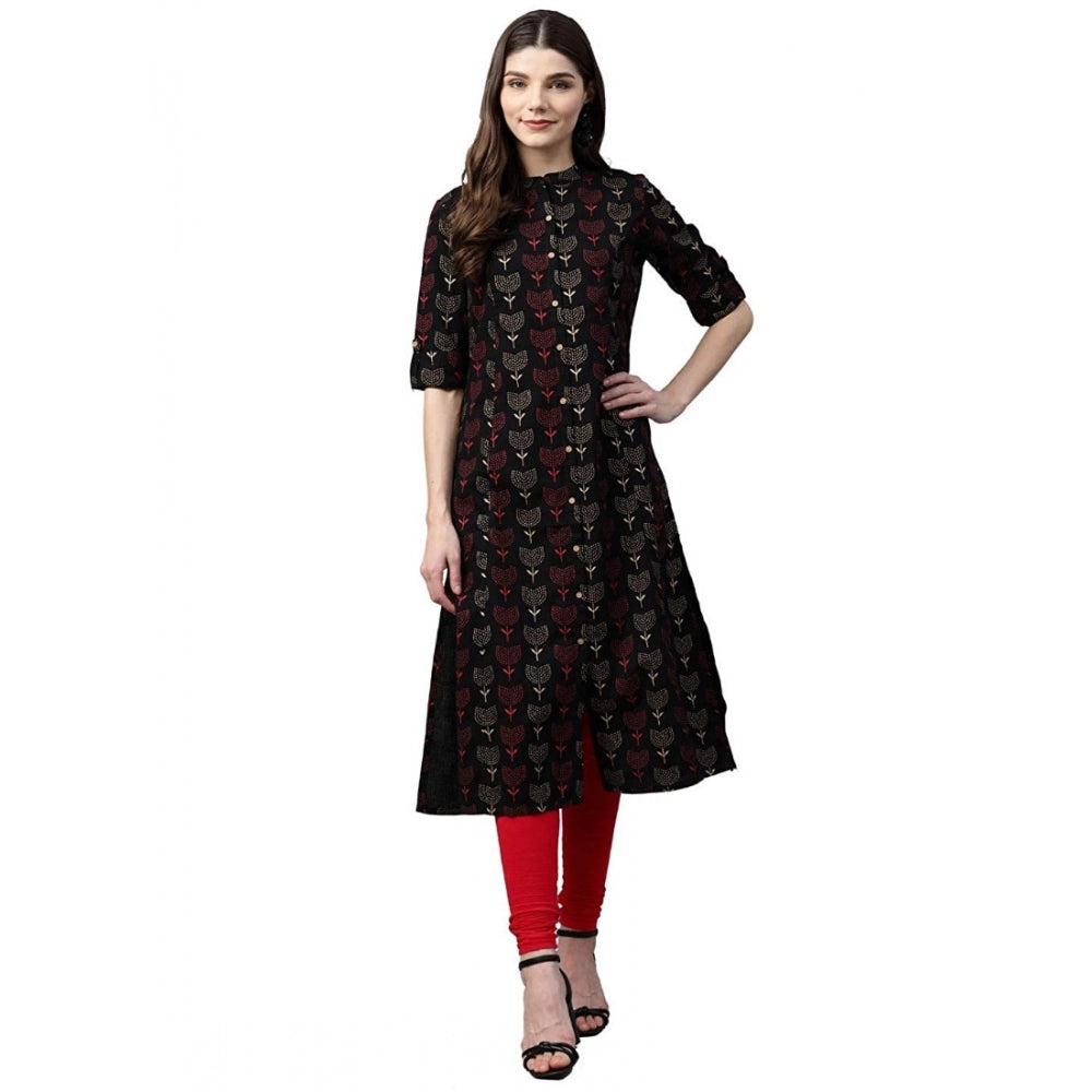 Generic Women's Cotton Printed A Line Kurti (Black, Cotton)