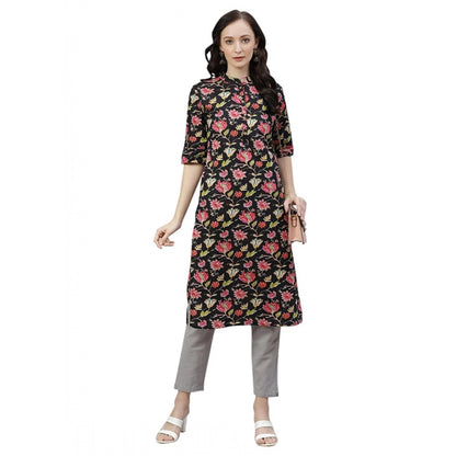 Generic Women's Cotton Printed Straight Kurti (Black, Cotton)