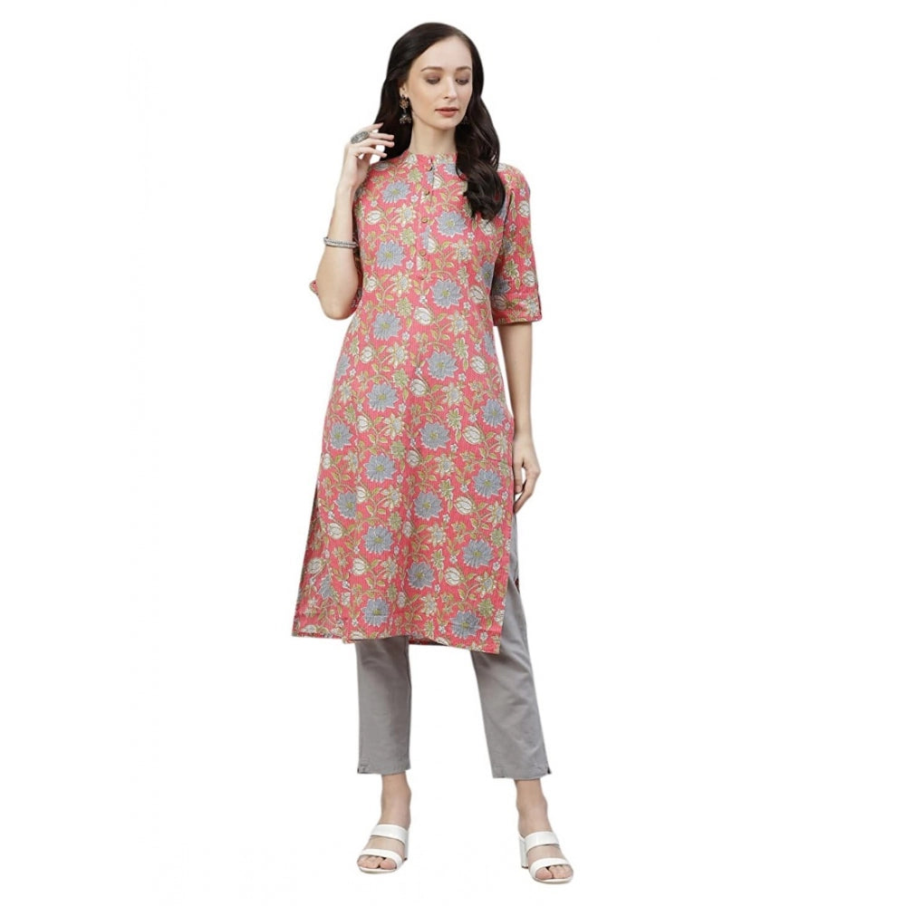 Generic Women's Cotton Printed Straight Kurti (Pink, Cotton)