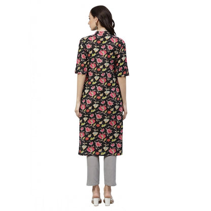 Generic Women's Cotton Printed Straight Kurti (Black, Cotton)