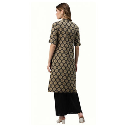 Generic Women's Cotton Printed Straight Fit Kurti (Black, Cotton)