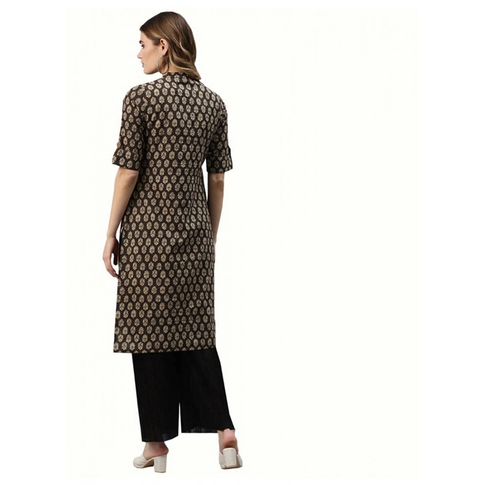 Generic Women's Cotton Printed Straight Kurti (Black, Cotton)