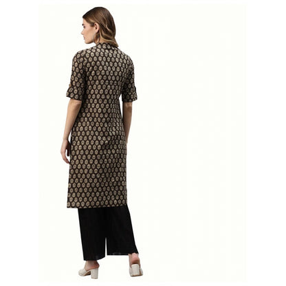 Generic Women's Cotton Printed Straight Kurti (Black, Cotton)