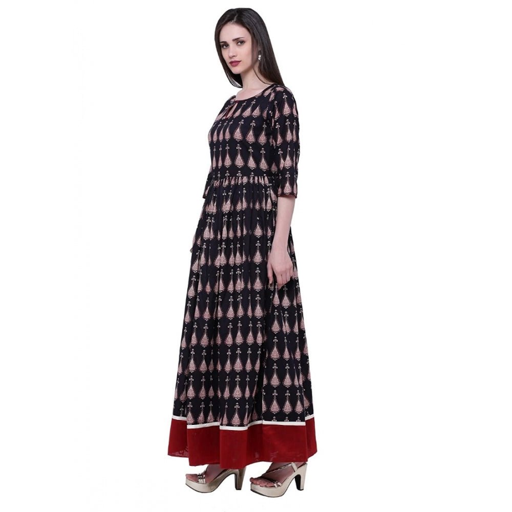 Generic Women's Cotton Printed Anarkali Kurti (Black, Cotton)