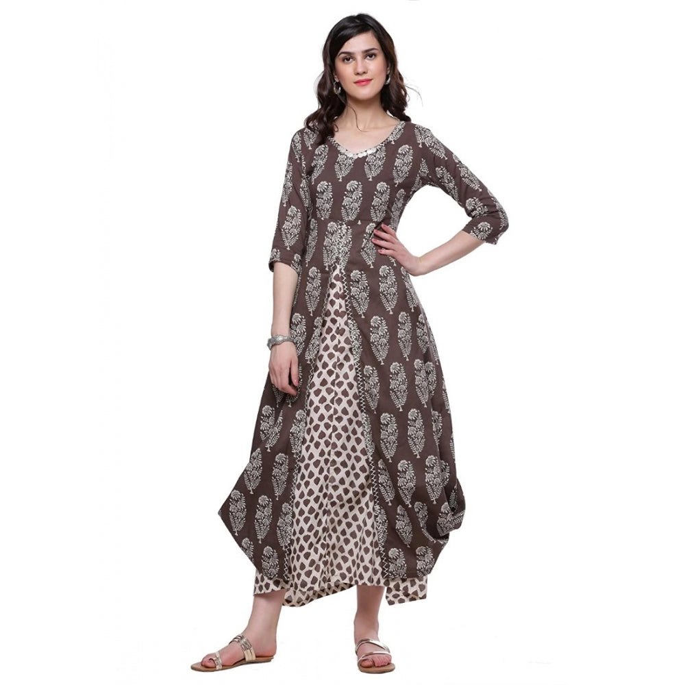 Generic Women's Cotton Printed Long Kurti (Brown, Cotton)