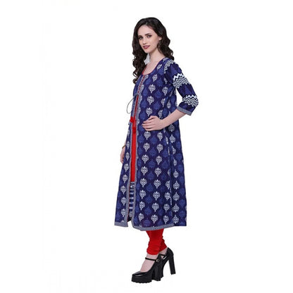 Generic Women's Cotton Printed Long Kurti (Blue, Red, Cotton)