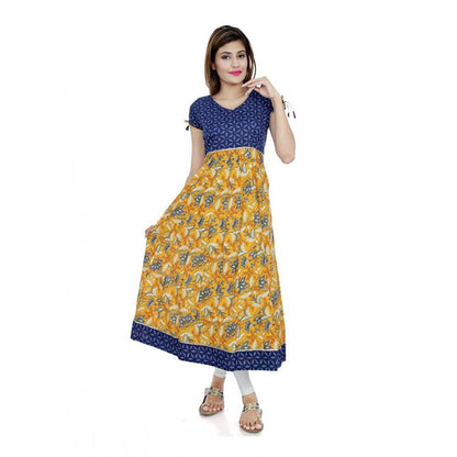 Generic Women's Cotton Printed Long Kurti (Mustard, Blue, Cotton)