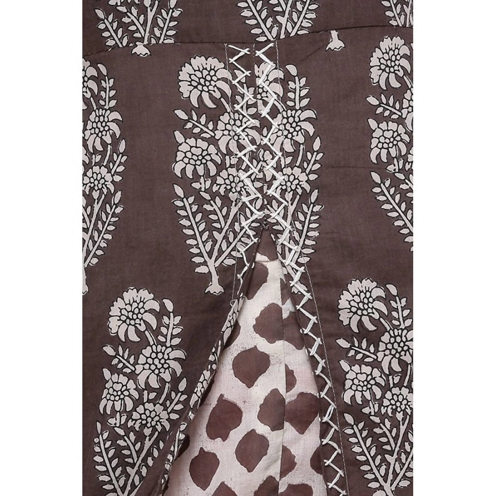 Generic Women's Cotton Printed Long Kurti (Brown, Cotton)