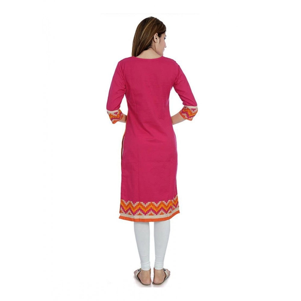 Generic Women's Cotton Embroidered Straight Kurti (Pink, Cotton)