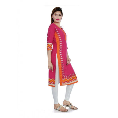 Generic Women's Cotton Embroidered Straight Kurti (Pink, Cotton)