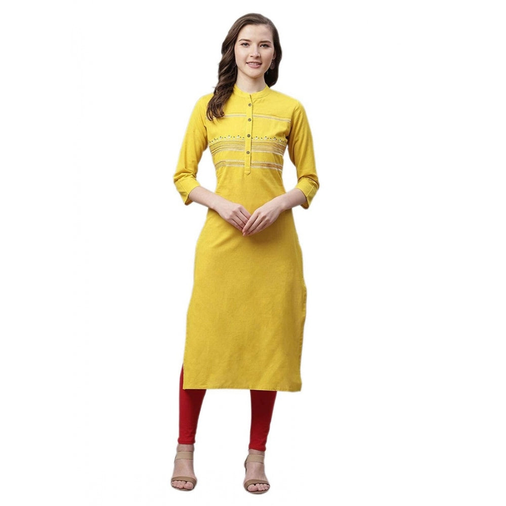 Generic Women's Pure Cotton Printed Straight Kurti (Yellow, Pure Cotton)