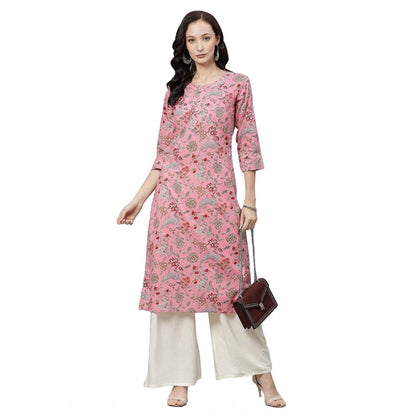 Generic Women's Cotton Printed Straight Kurti (Pink, Cotton)