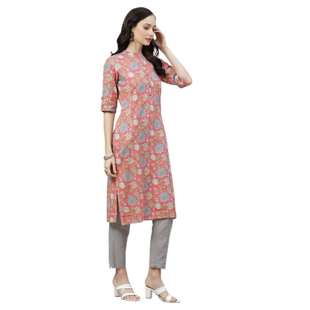 Generic Women's Cotton Printed Straight Kurti (Pink, Cotton)