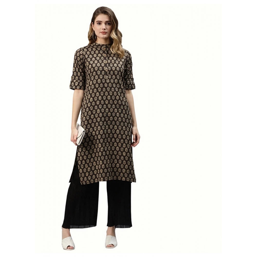 Generic Women's Cotton Printed Straight Kurti (Black, Cotton)