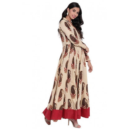 Generic Women's Cotton Printed Angrakha Kurti (Cream, Cotton)