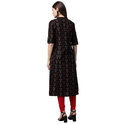 Generic Women's Cotton Printed A Line Kurti (Black, Cotton)