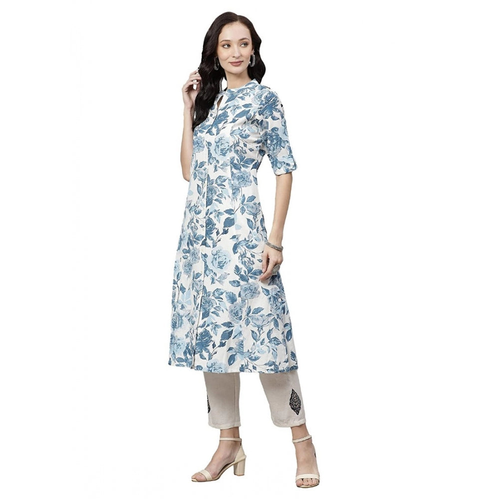 Generic Women's Cotton Printed Floral Print Kurti (White, Blue, Cotton)