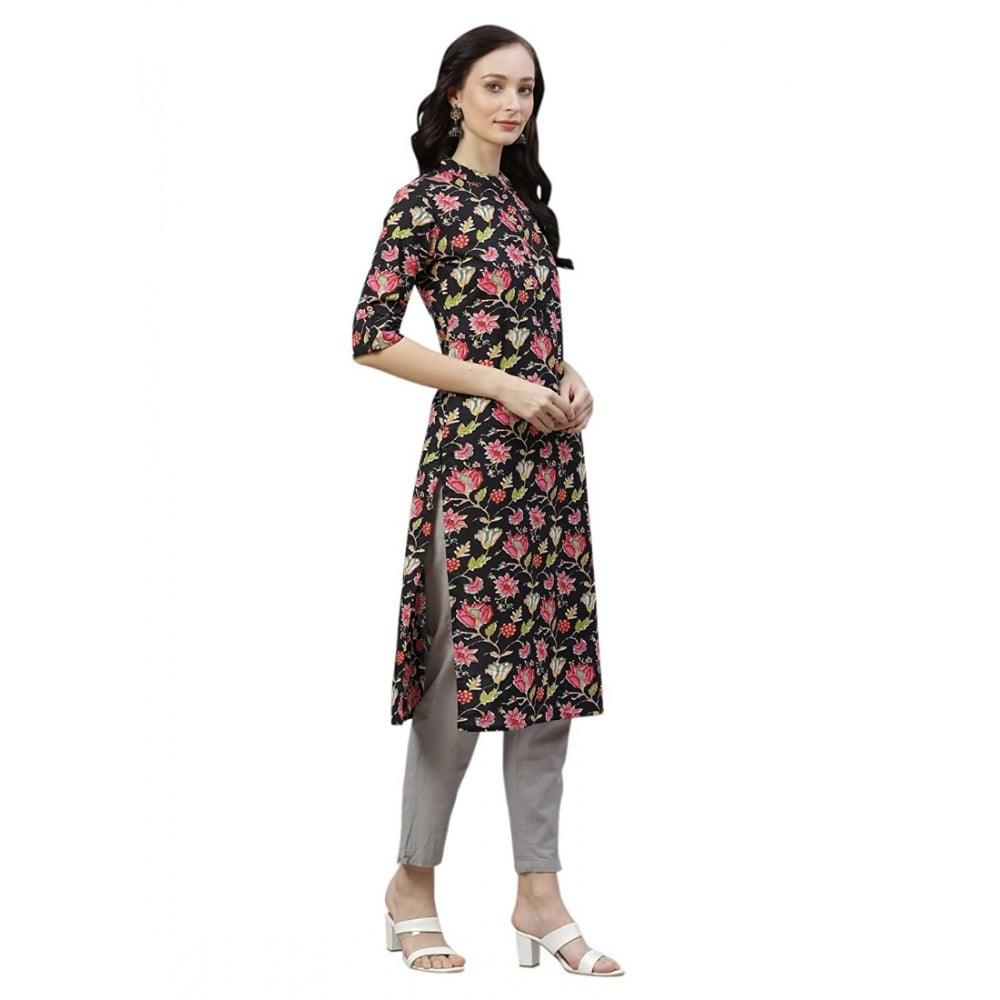 Generic Women's Cotton Printed Straight Kurti (Black, Cotton)