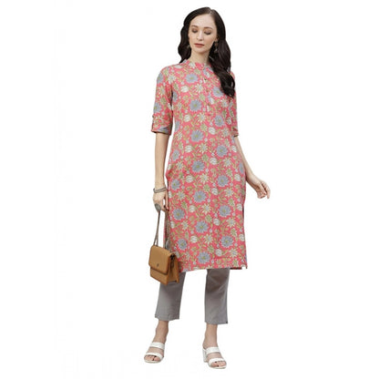 Generic Women's Cotton Printed Straight Kurti (Pink, Cotton)