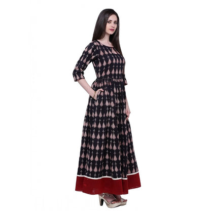 Generic Women's Cotton Printed Anarkali Kurti (Black, Cotton)