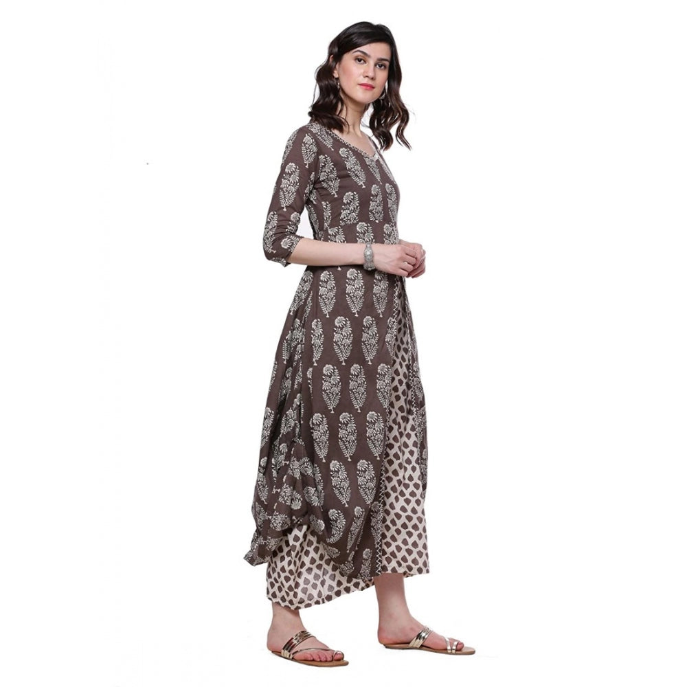 Generic Women's Cotton Printed Long Kurti (Brown, Cotton)