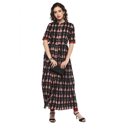 Generic Women's Cotton Printed Front Slit Kurti (Black, Cotton)